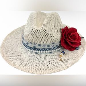 Custom Design Cream Coated Straw Western Hat Red Flower Blue Band Pearls M/L